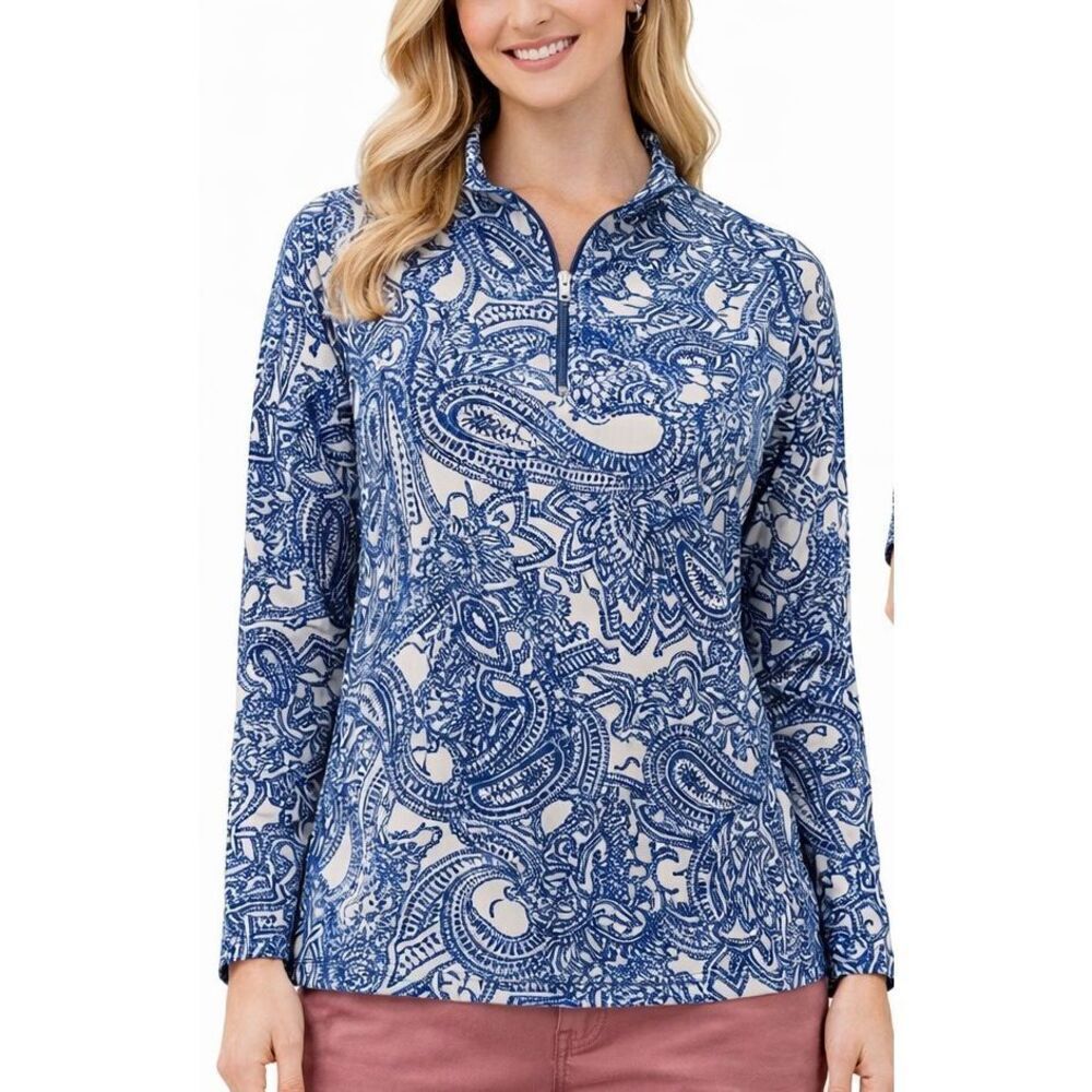 Coolibar blue paisley quarter zip rash guard pullover XL